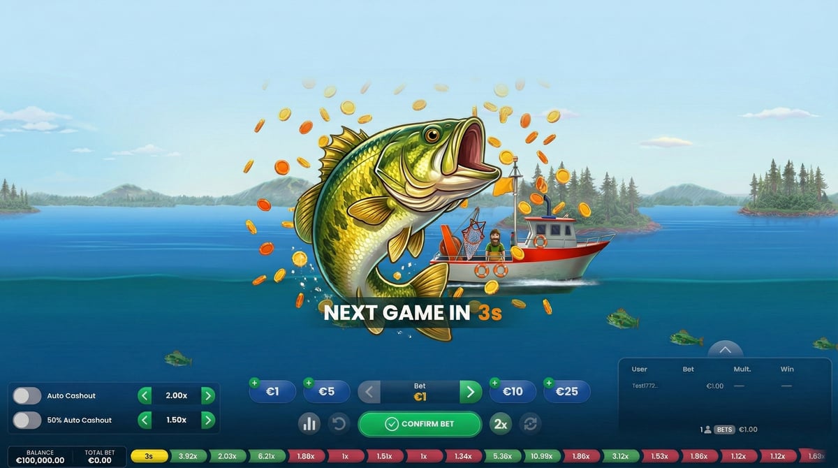 Big Bass Crash gameplay screenshot with the fishing boat and rising multiplier